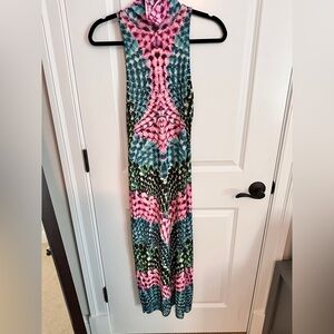 Feathers Abstract Maxi Dress - Pink, Green, Blue